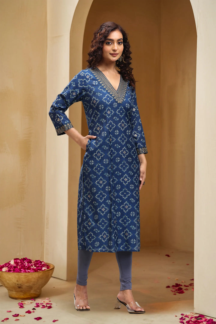 Blue Roman Silk Straight Embroidered Kurta