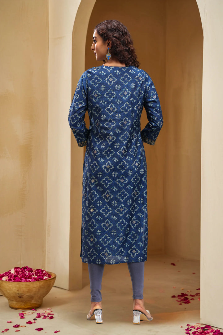 Blue Roman Silk Straight Embroidered Kurta