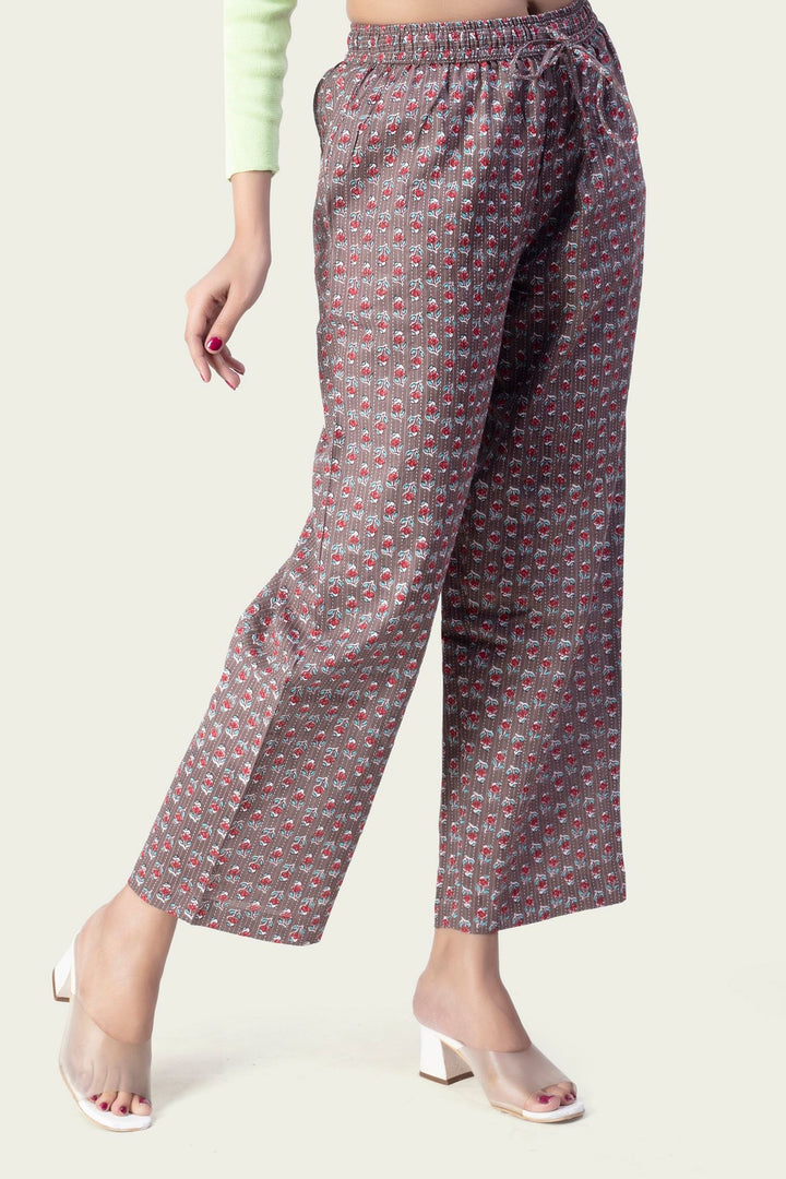 Brown Cotton Printed Pant