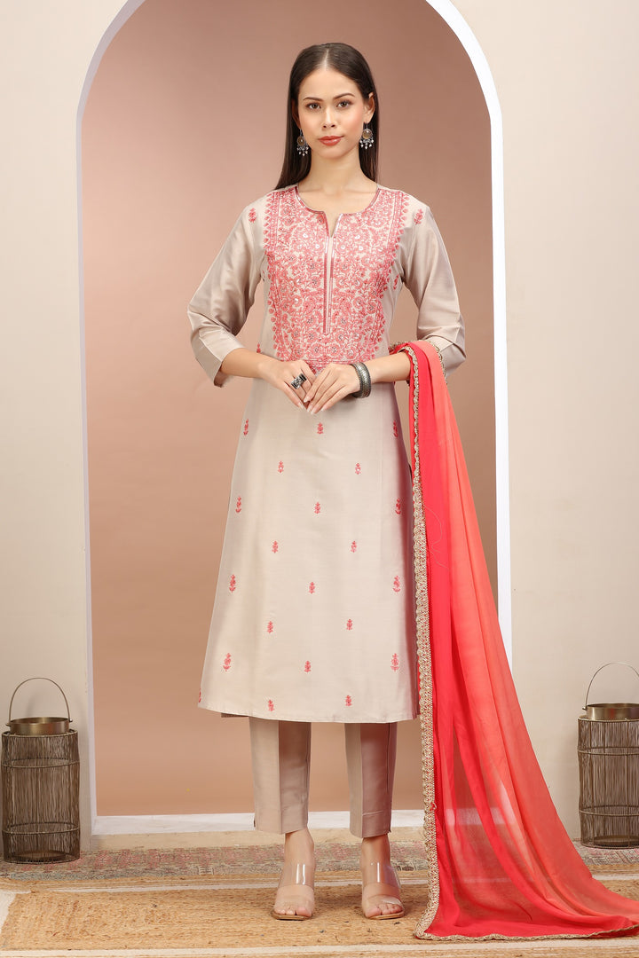 Light Gray PolySilk Embroidered Straight Kurta Pants and Dupatta Set