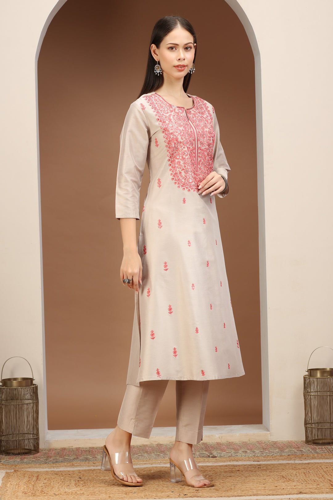 Light Gray PolySilk Embroidered Straight Kurta Pants and Dupatta Set