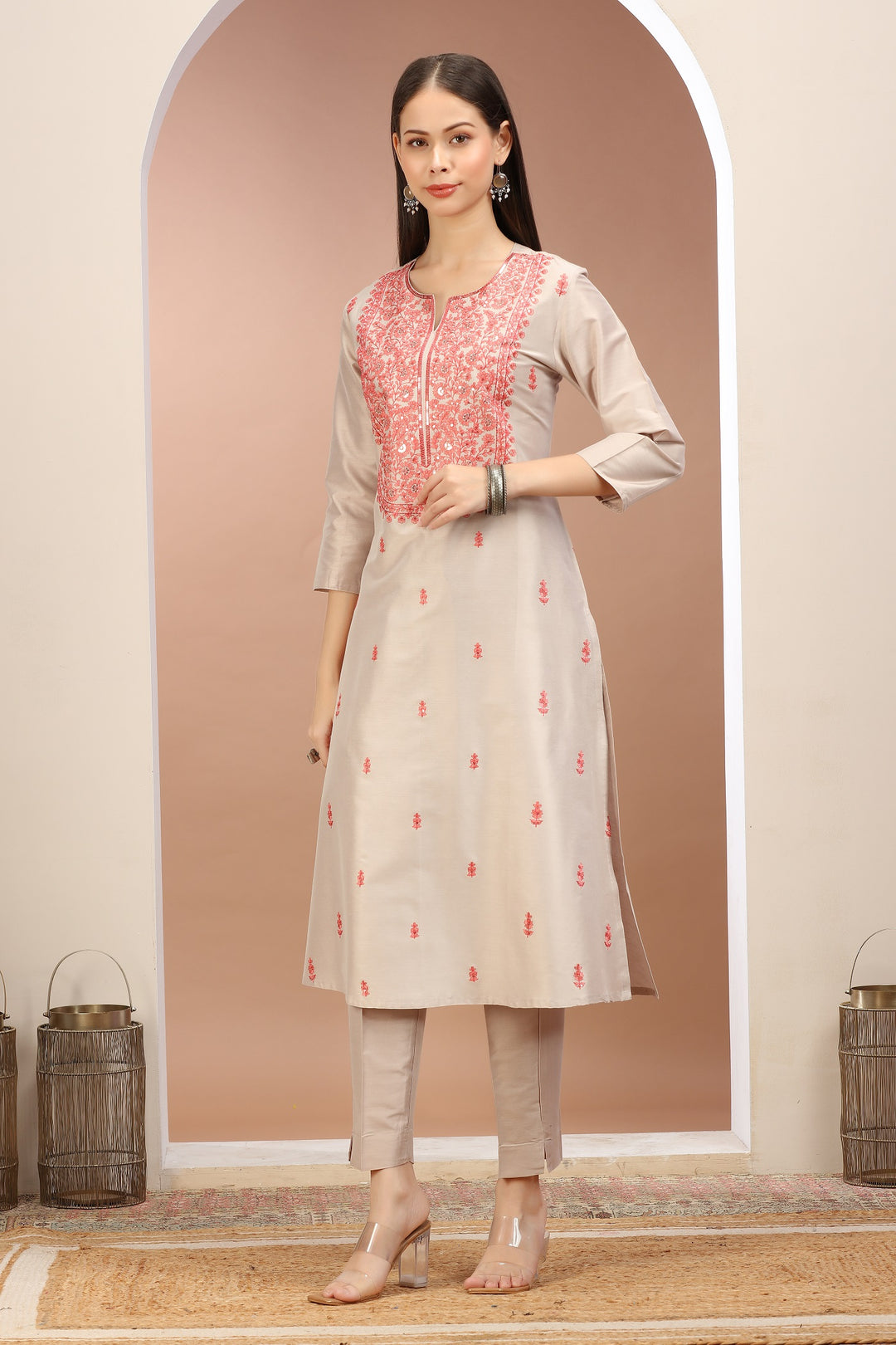 Light Gray PolySilk Embroidered Straight Kurta Pants and Dupatta Set