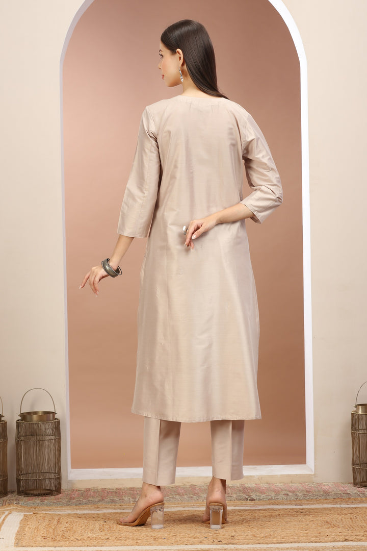 Light Gray PolySilk Embroidered Straight Kurta Pants and Dupatta Set