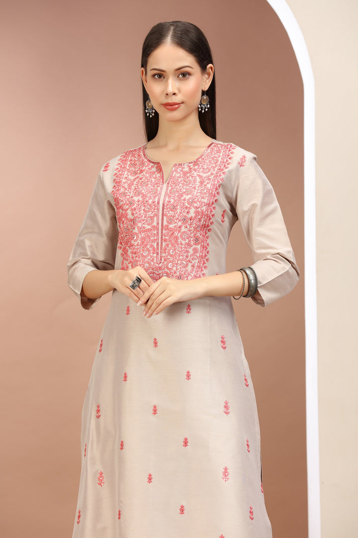 Light Gray PolySilk Embroidered Straight Kurta Pants and Dupatta Set