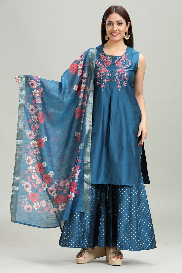 Indigo Blue PolySilk Straight Embroidered Kurta Palazzo Suit Set