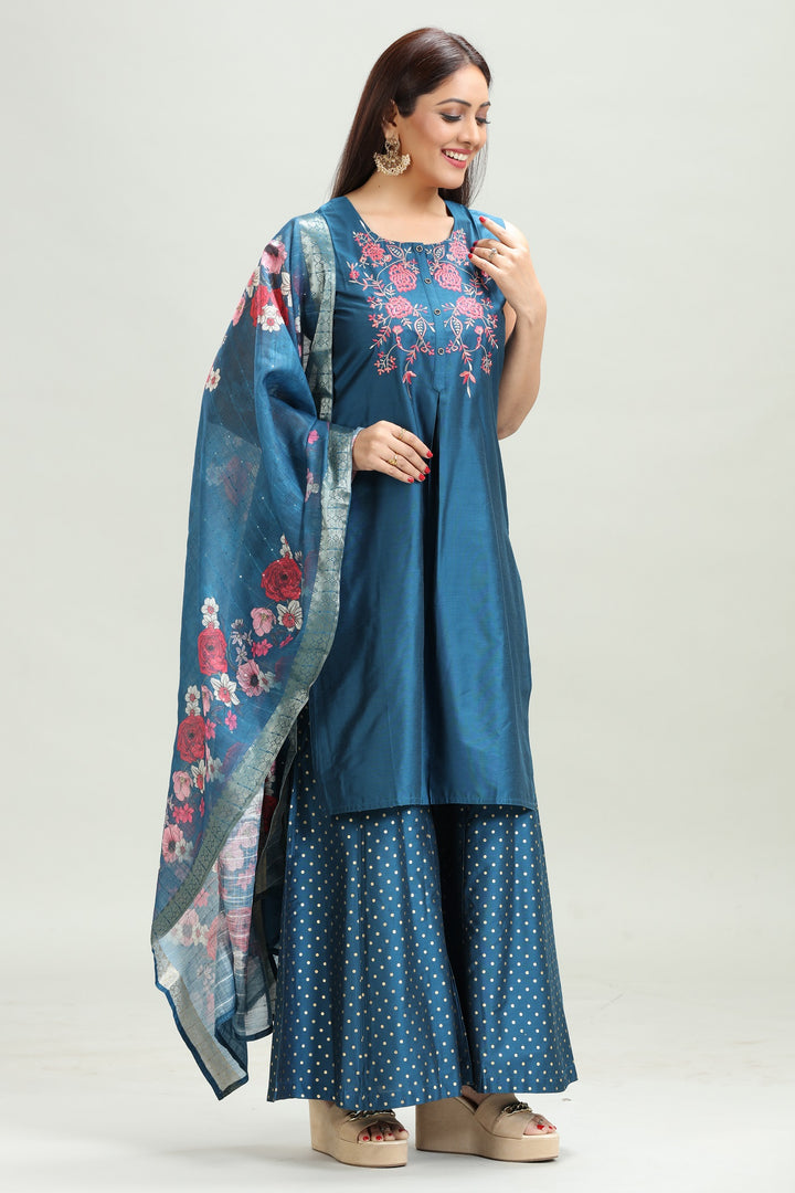 Indigo Blue PolySilk Straight Embroidered Kurta Palazzo Suit Set