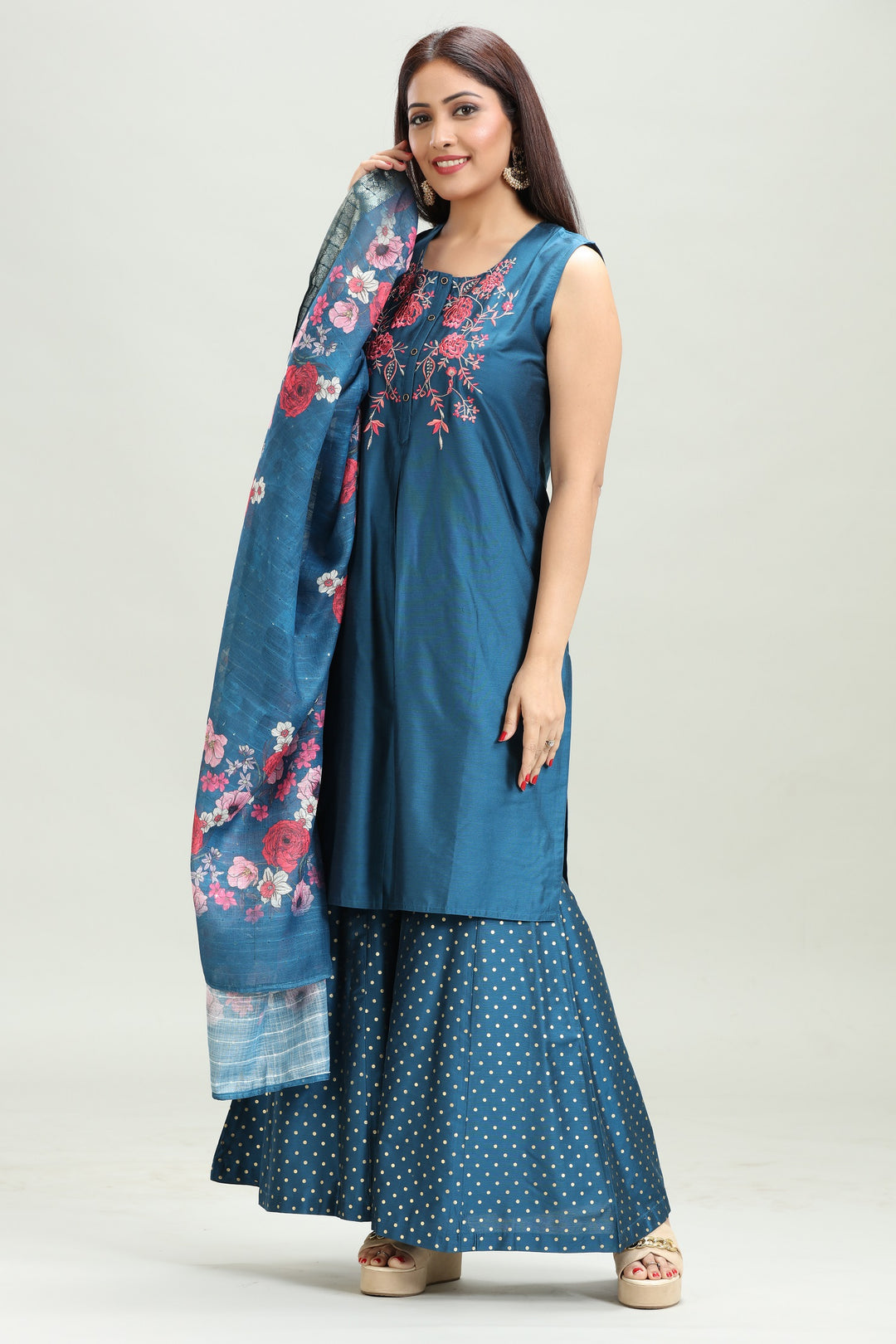 Indigo Blue PolySilk Straight Embroidered Kurta Palazzo Suit Set