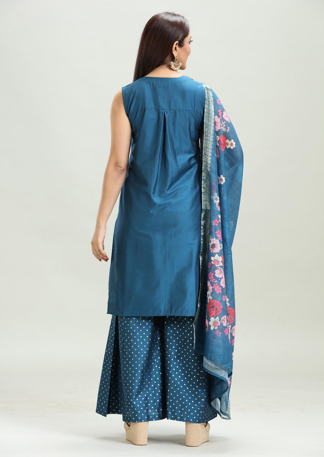 Indigo Blue PolySilk Straight Embroidered Kurta Palazzo Suit Set