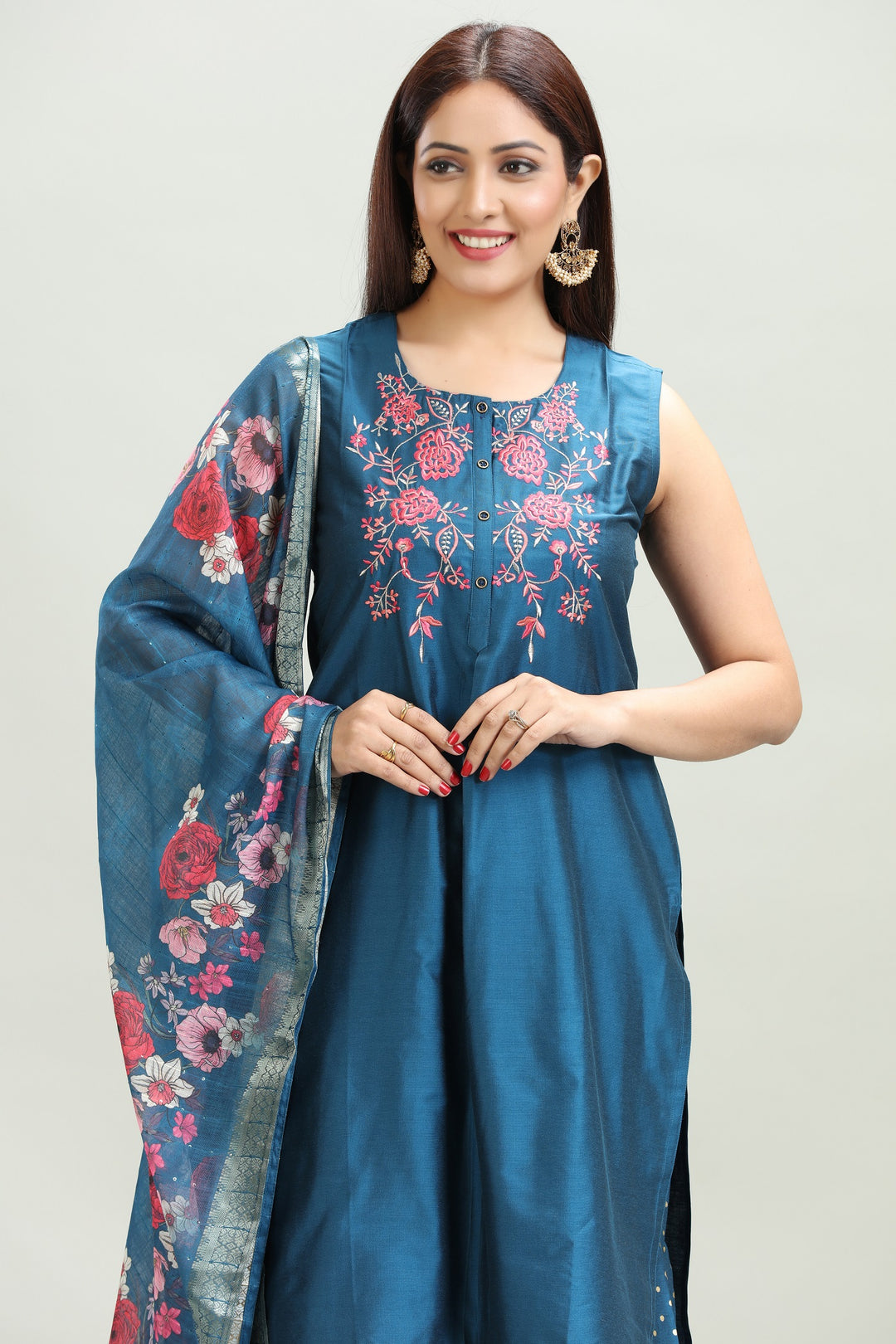 Indigo Blue PolySilk Straight Embroidered Kurta Palazzo Suit Set