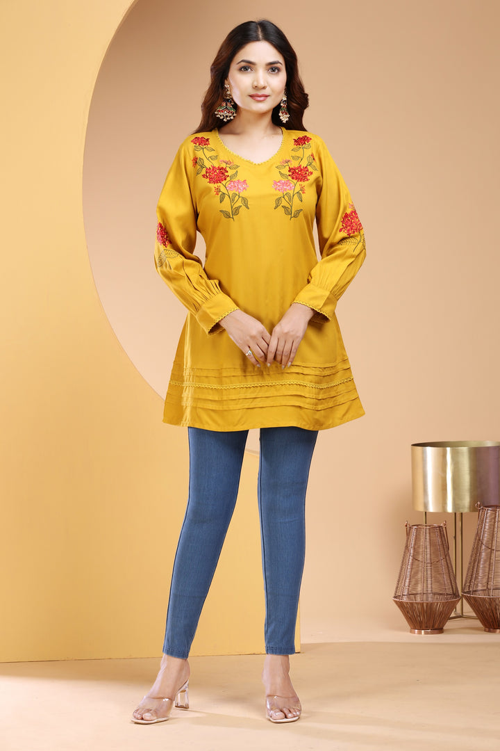 Mustard Rayon Straight Embroidered Short Kurta