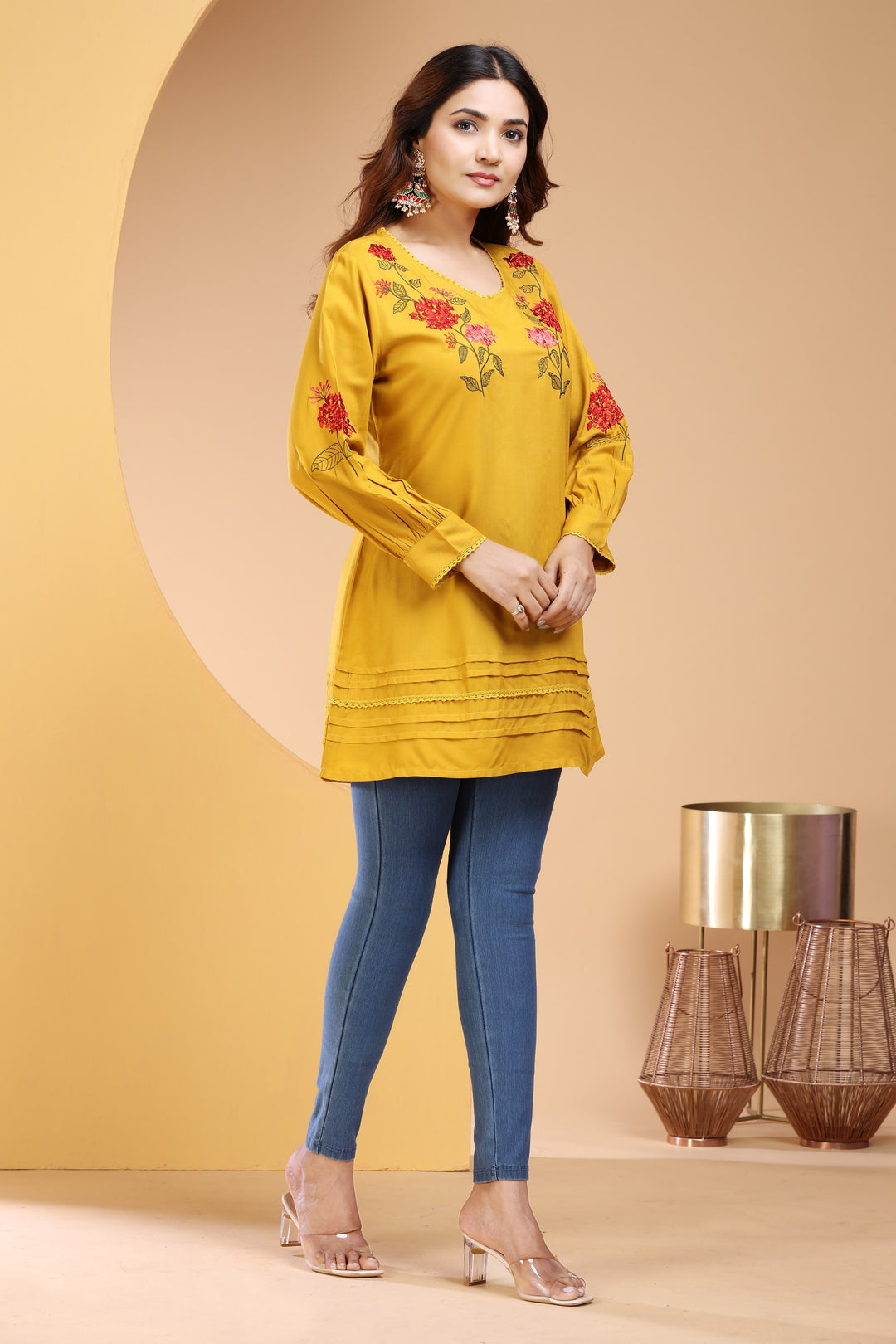 Mustard Rayon Straight Embroidered Short Kurta