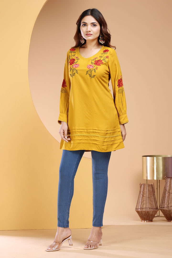 Mustard Rayon Straight Embroidered Short Kurta