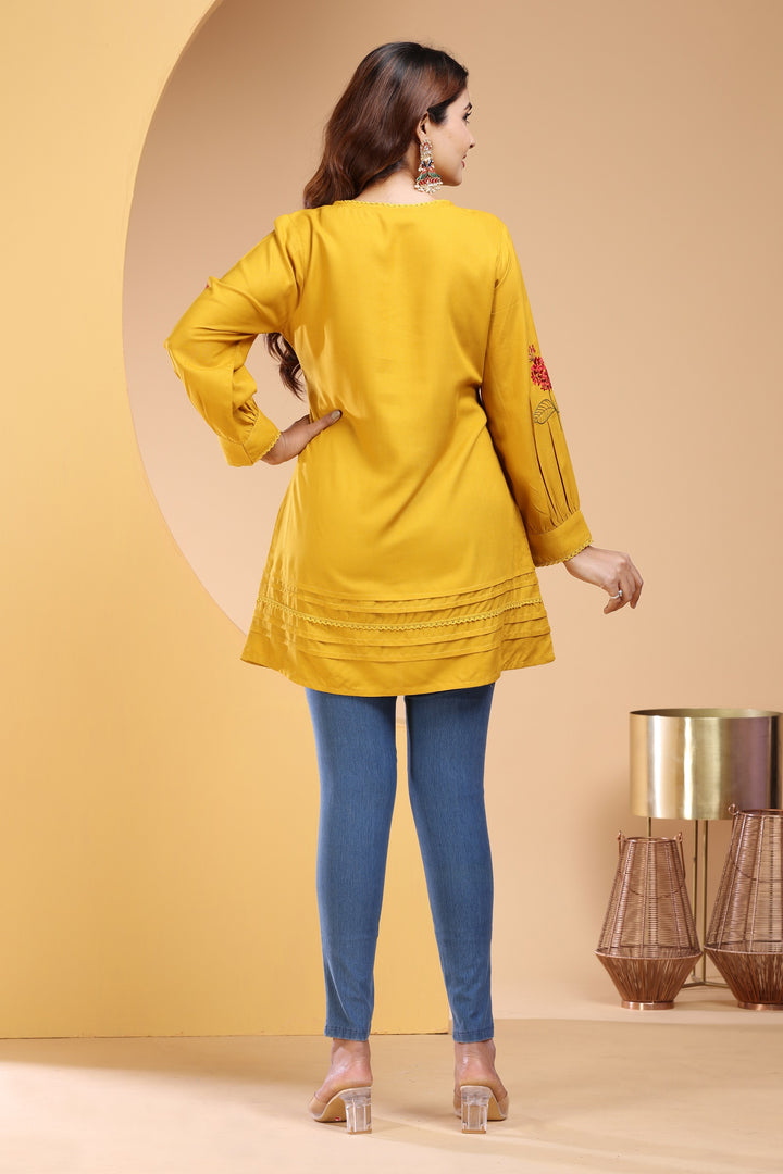 Mustard Rayon Straight Embroidered Short Kurta