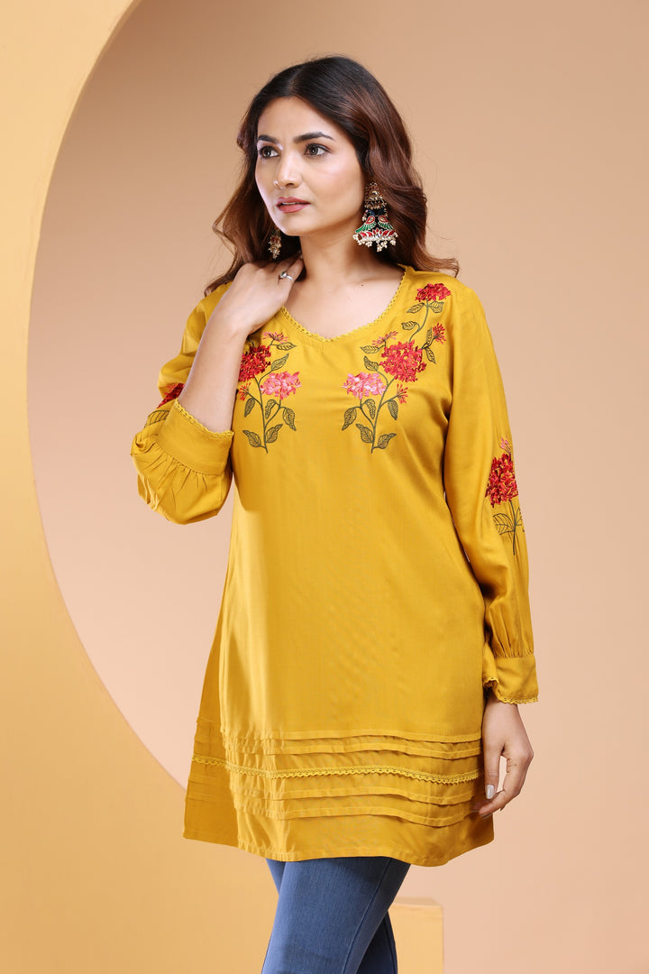 Mustard Rayon Straight Embroidered Short Kurta