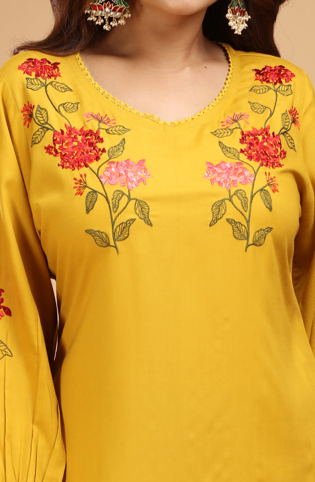 Mustard Rayon Straight Embroidered Short Kurta