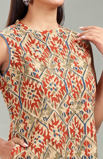 Beige Cotton A Line Printed Sleeveless Kurta