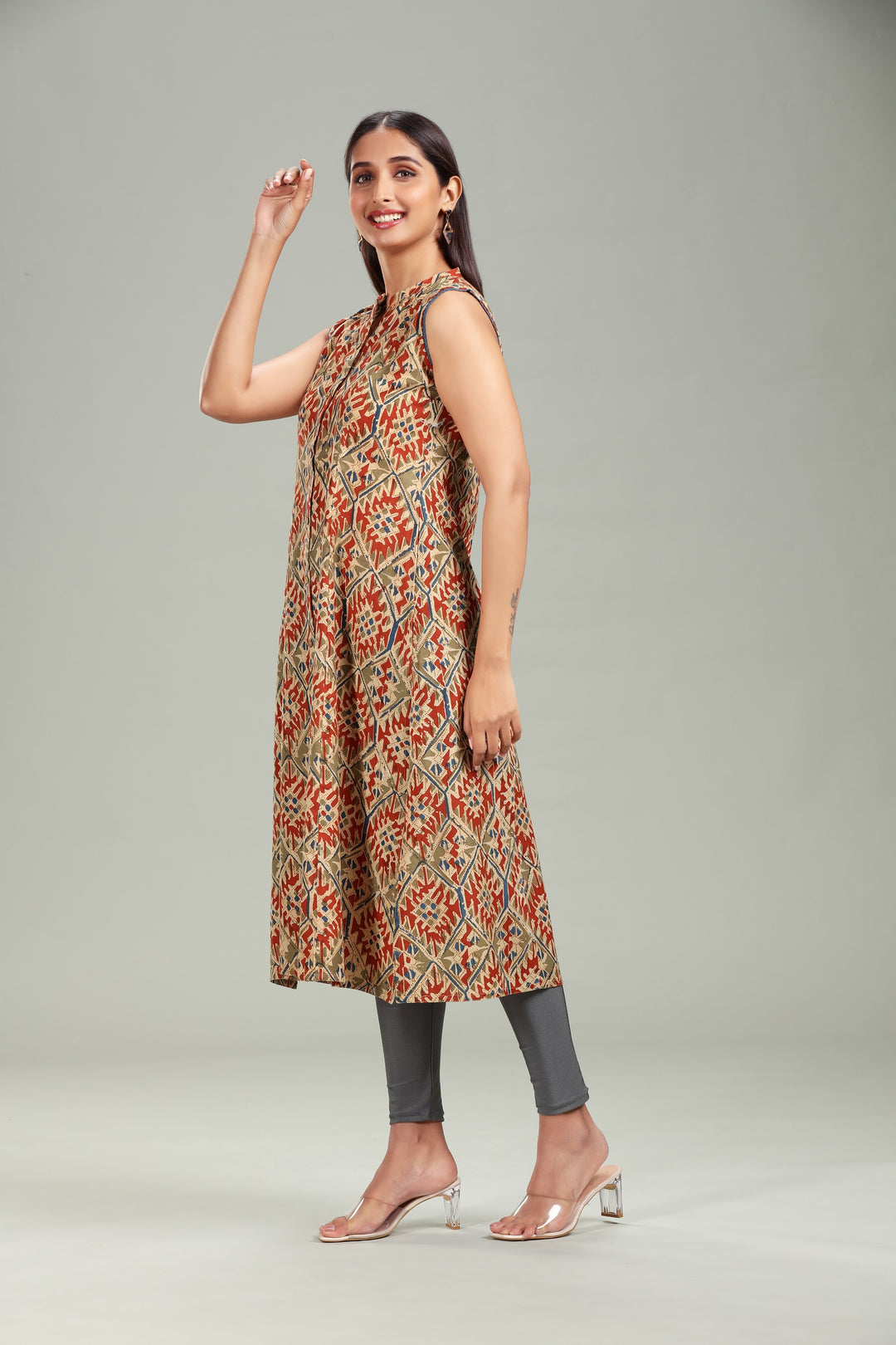 Beige Cotton A Line Printed Sleeveless Kurta