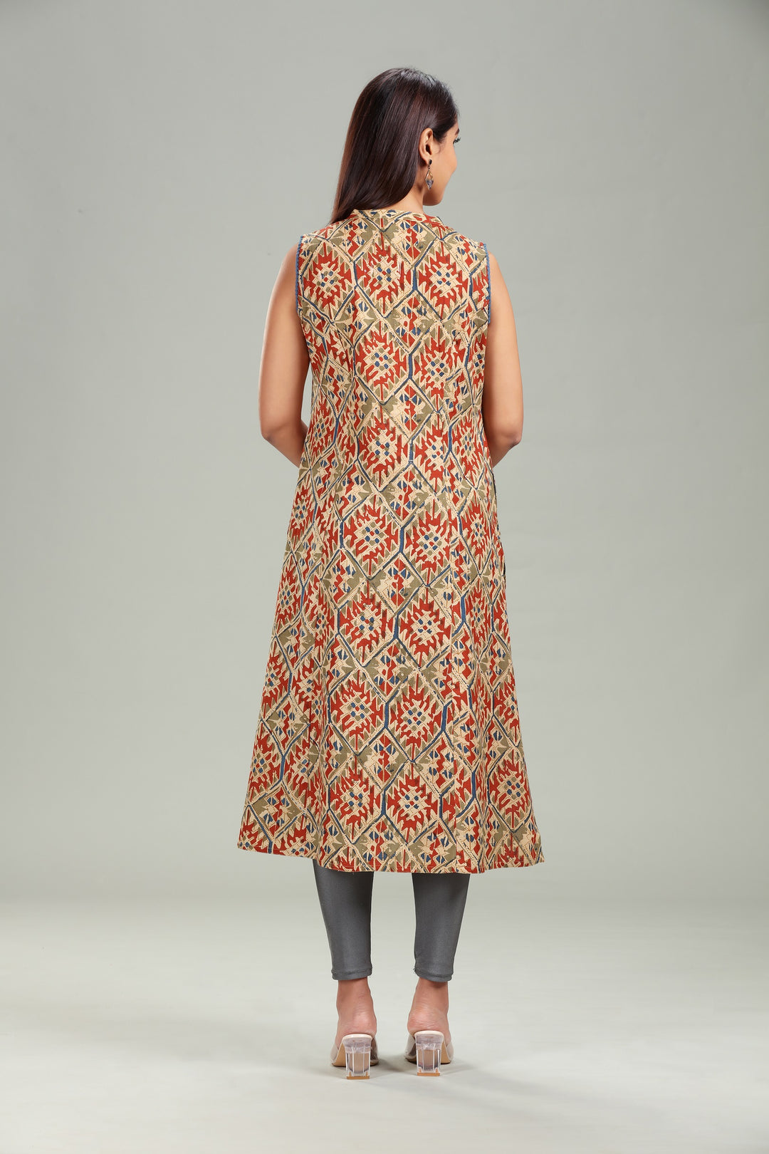 Beige Cotton A Line Printed Sleeveless Kurta