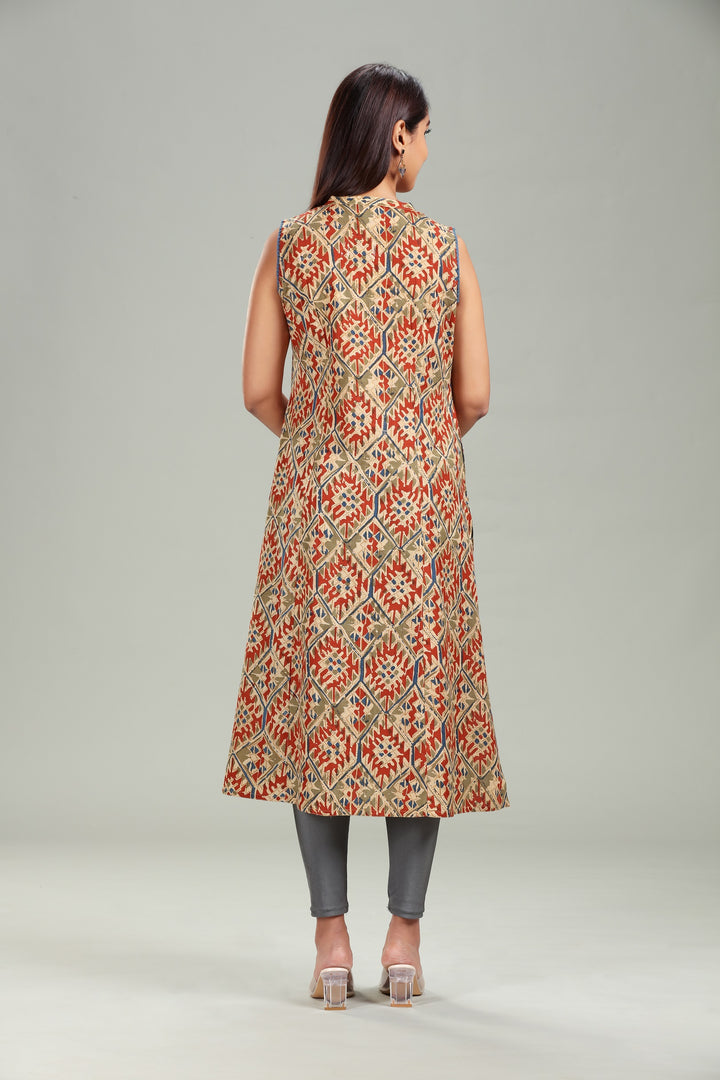 Beige Cotton A Line Printed Sleeveless Kurta