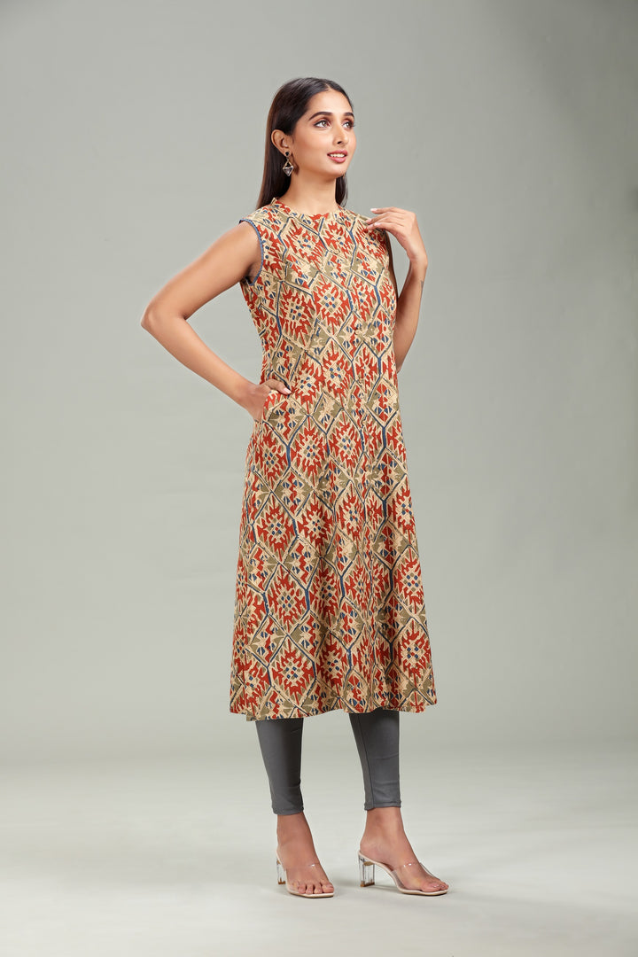 Beige Cotton A Line Printed Sleeveless Kurta