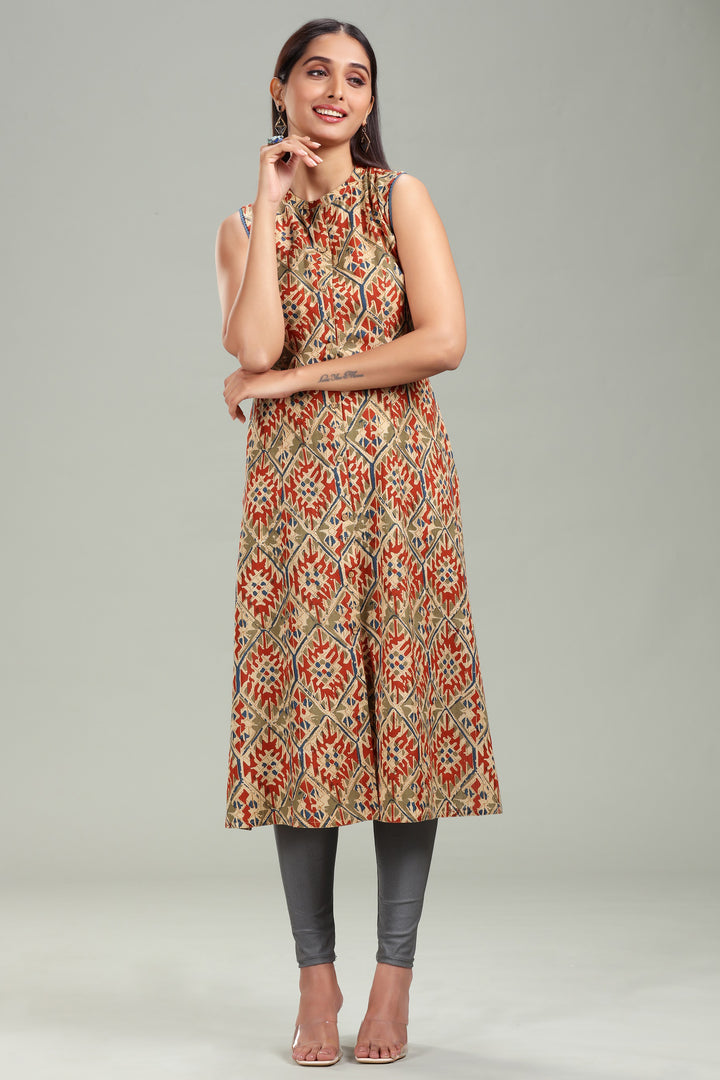 Beige Cotton A Line Printed Sleeveless Kurta