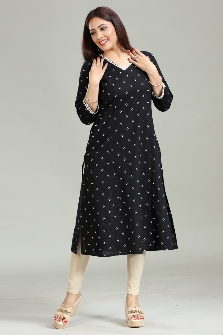 Black Flax Cotton A Line Printed Kurta