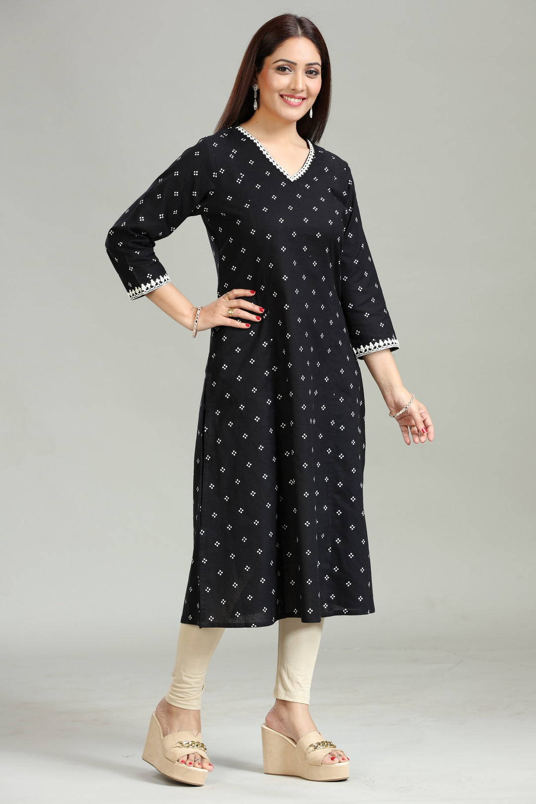 Black Flax Cotton A Line Printed Kurta