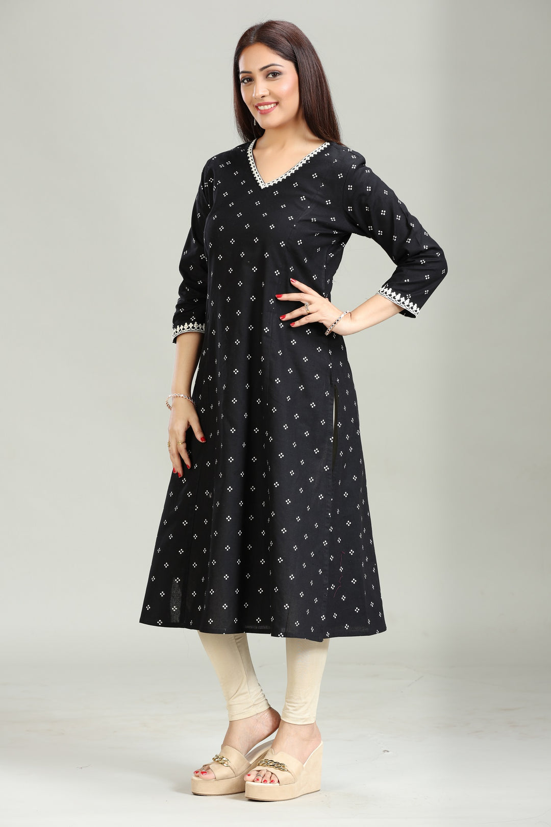 Black Flax Cotton A Line Printed Kurta