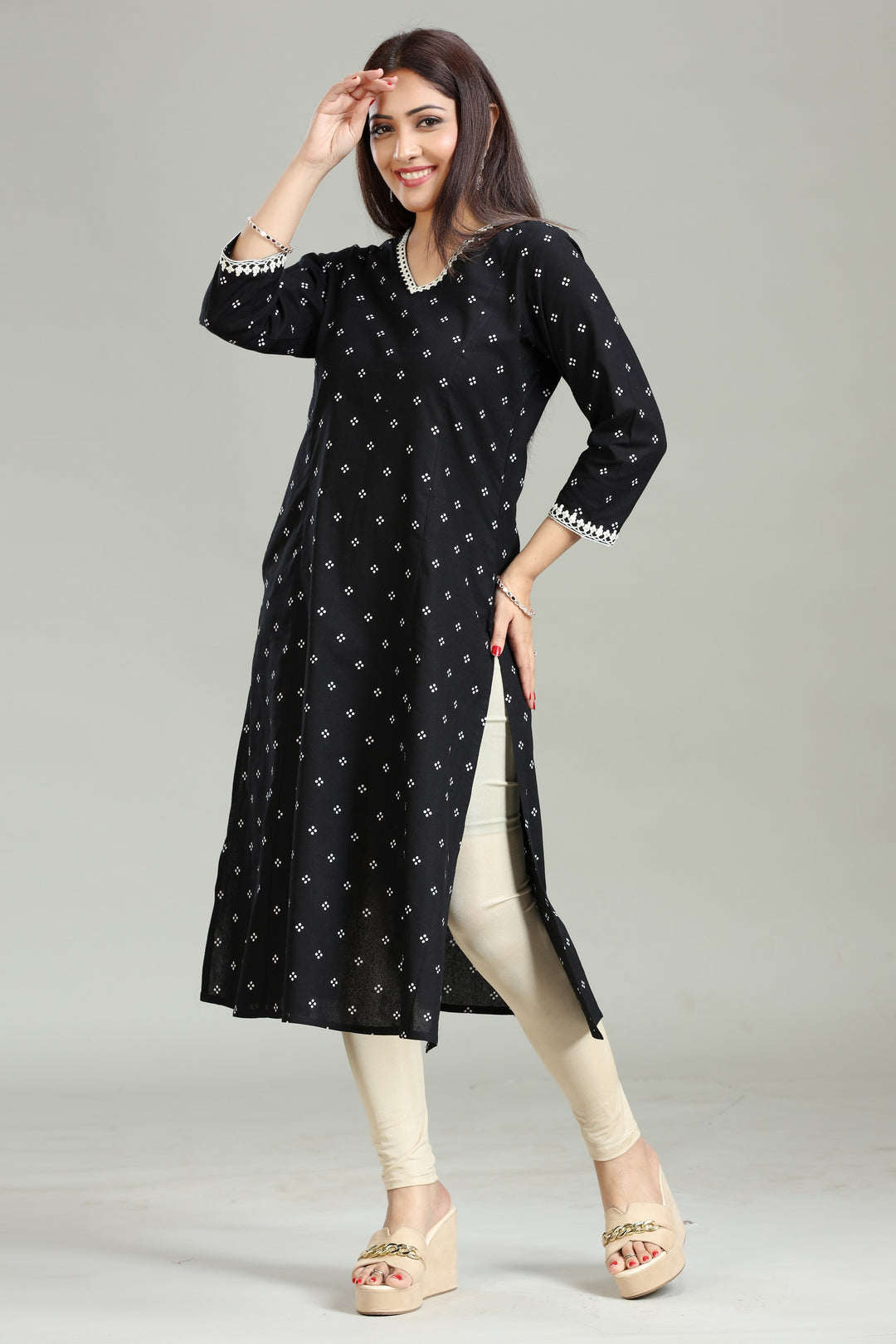 Black Flax Cotton A Line Printed Kurta