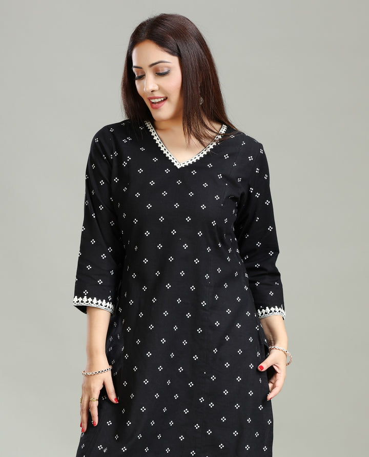 Black Flax Cotton A Line Printed Kurta