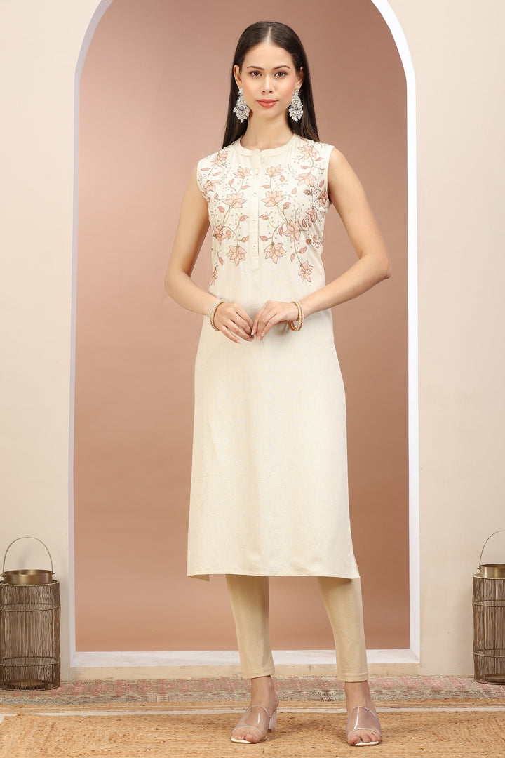 Off White Flax Cotton Embroidered Straight Sleeveless Kurta