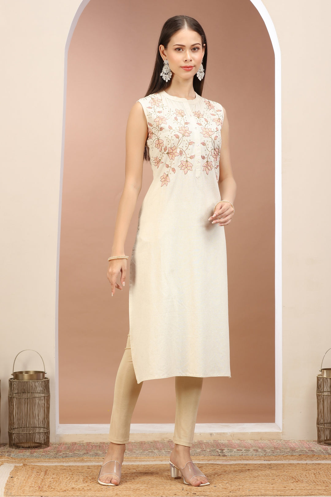 Off White Flax Cotton Embroidered Straight Sleeveless Kurta for women / girls