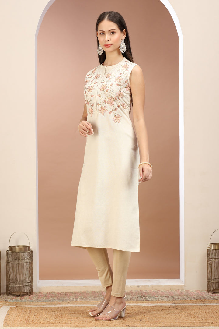 Off White Flax Cotton Embroidered Straight Sleeveless Kurta