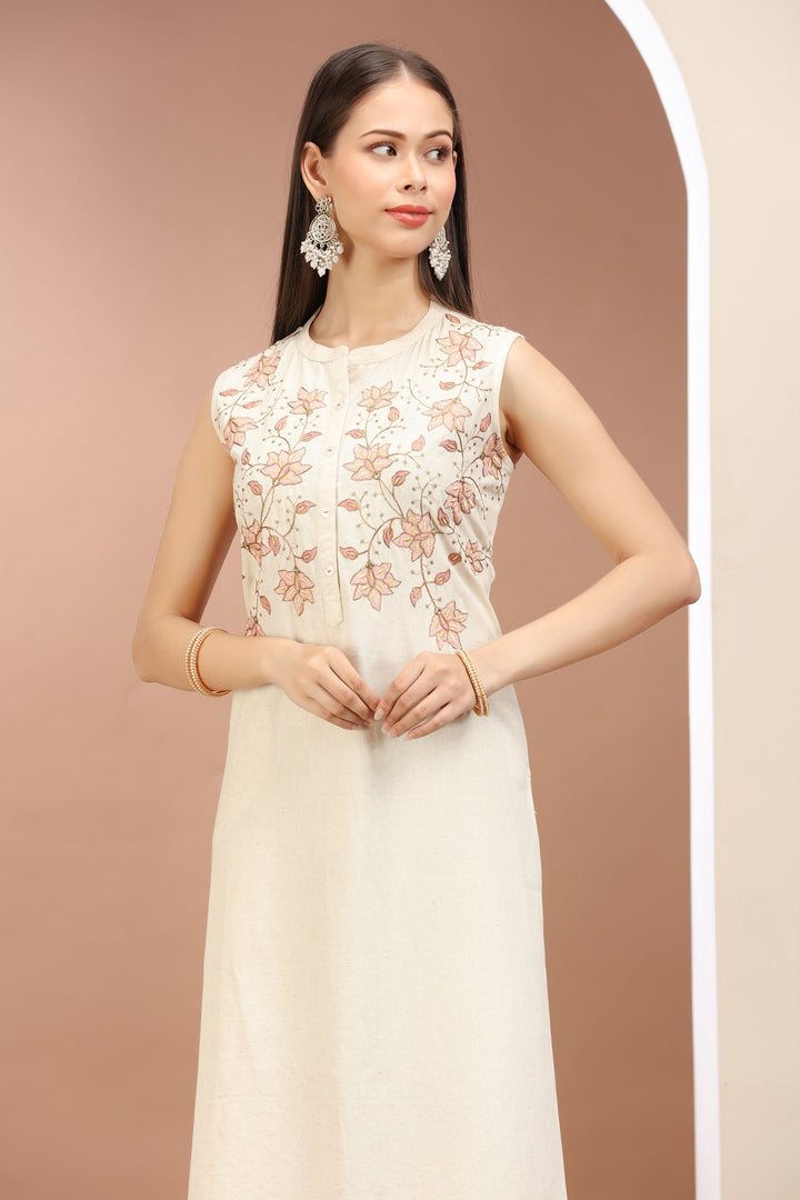 Off White Flax Cotton Embroidered Straight Sleeveless Kurta for women / girls