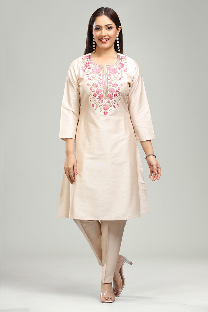 Beige PolySilk A line Embroidered Kurta Pant Co ord Set