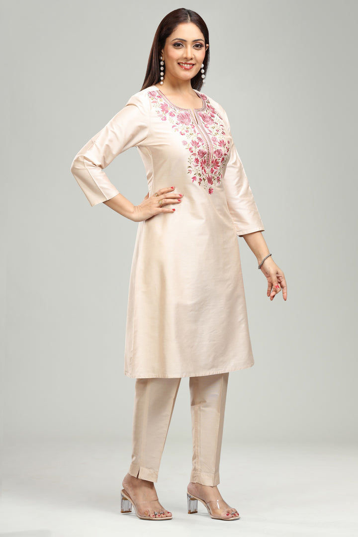 Beige PolySilk A line Embroidered Kurta Pant Co ord Set