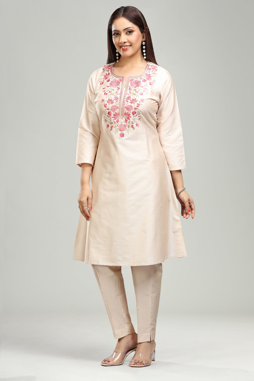 Beige PolySilk A line Embroidered Kurta Pant Co ord Set