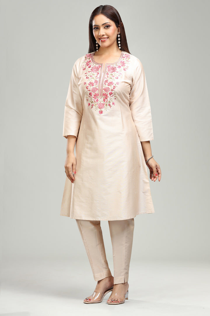 Beige PolySilk A line Embroidered Kurta Pant Co ord Set