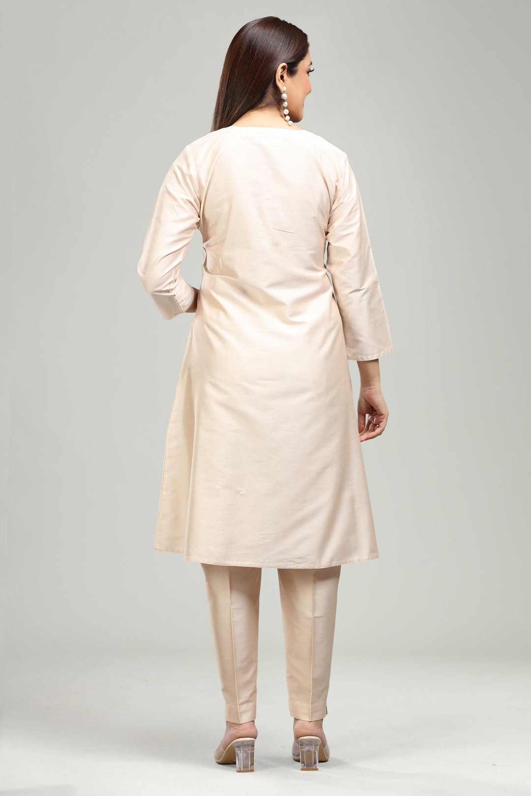 Beige PolySilk A line Embroidered Kurta Pant Co ord Set