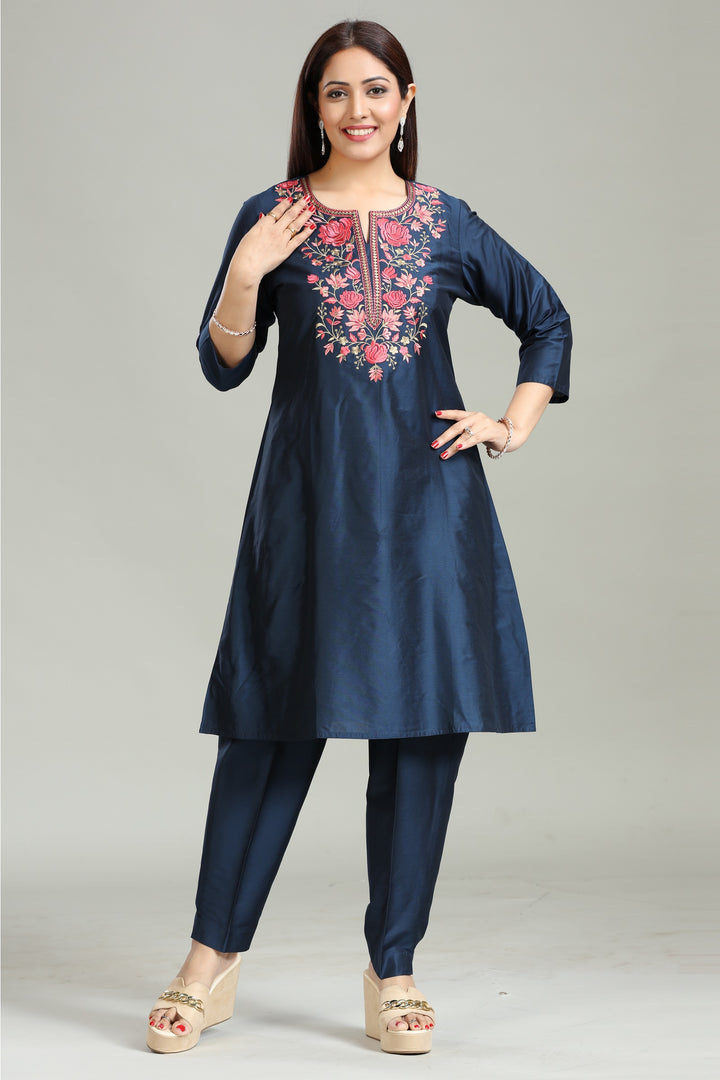 Navy Blue PolySilk A Line Embroidered Kurta Pant Co ord Set