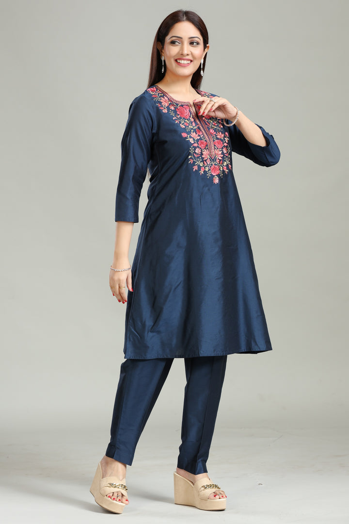 Navy Blue PolySilk A Line Embroidered Kurta Pant Co ord Set