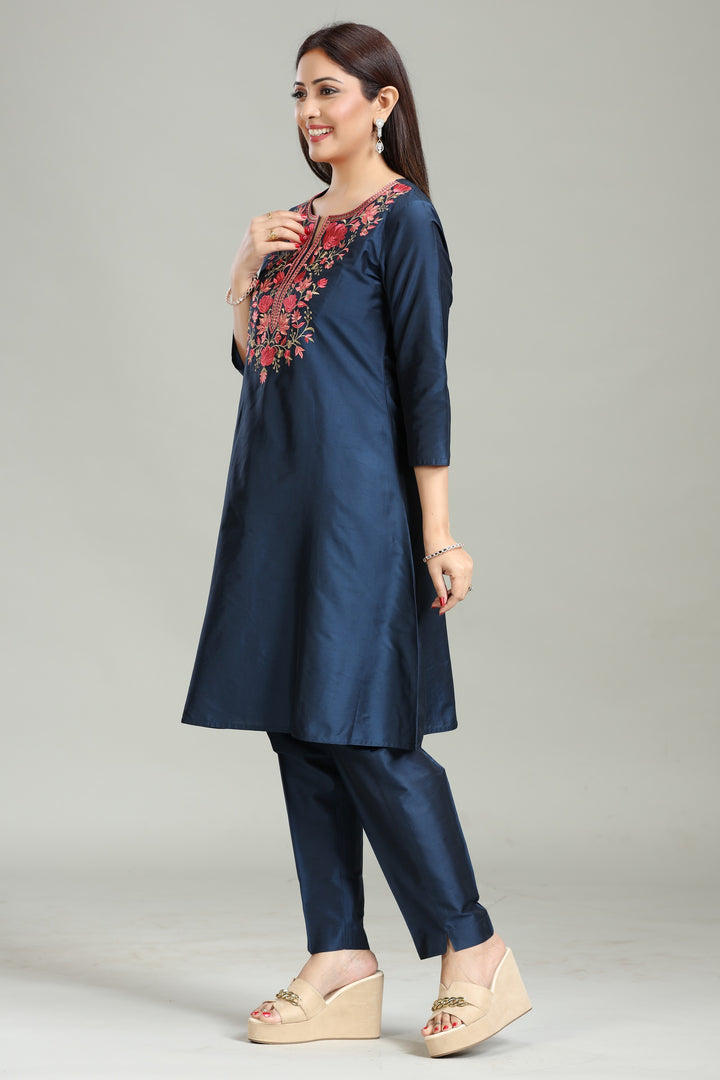 Navy Blue PolySilk A Line Embroidered Kurta Pant Co ord Set