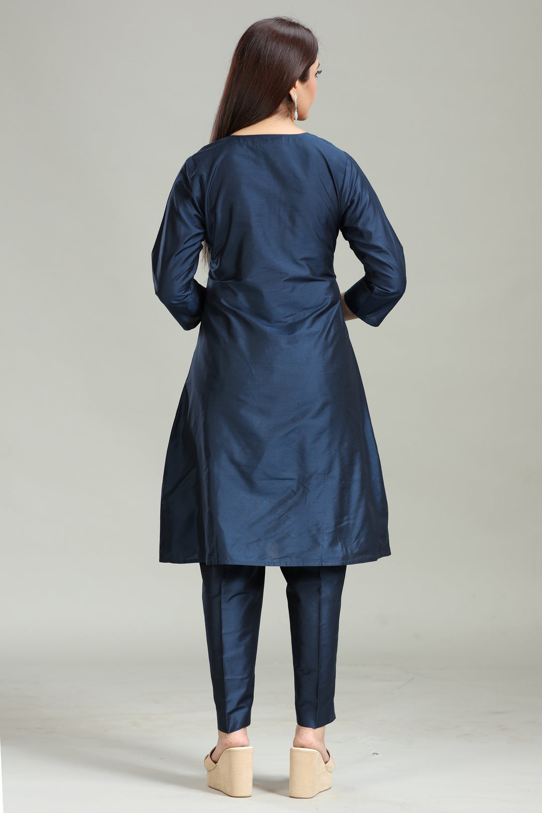 Navy Blue PolySilk A Line Embroidered Kurta Pant Co ord Set