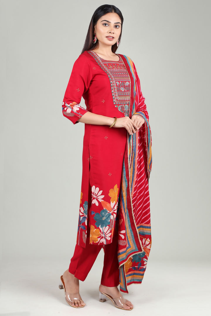 Maroon Chanderi Straight Embroidered Kurta Pant Suit Set