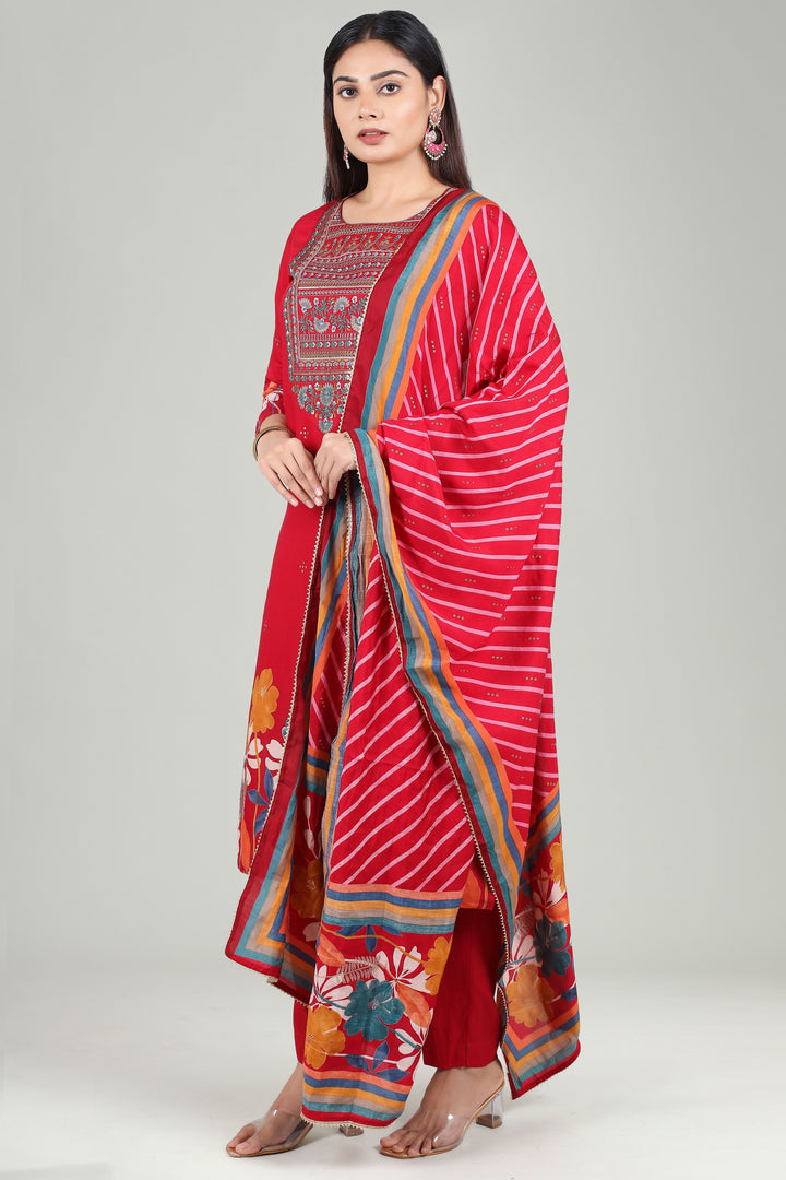 Maroon Chanderi Straight Embroidered Kurta Pant Suit Set