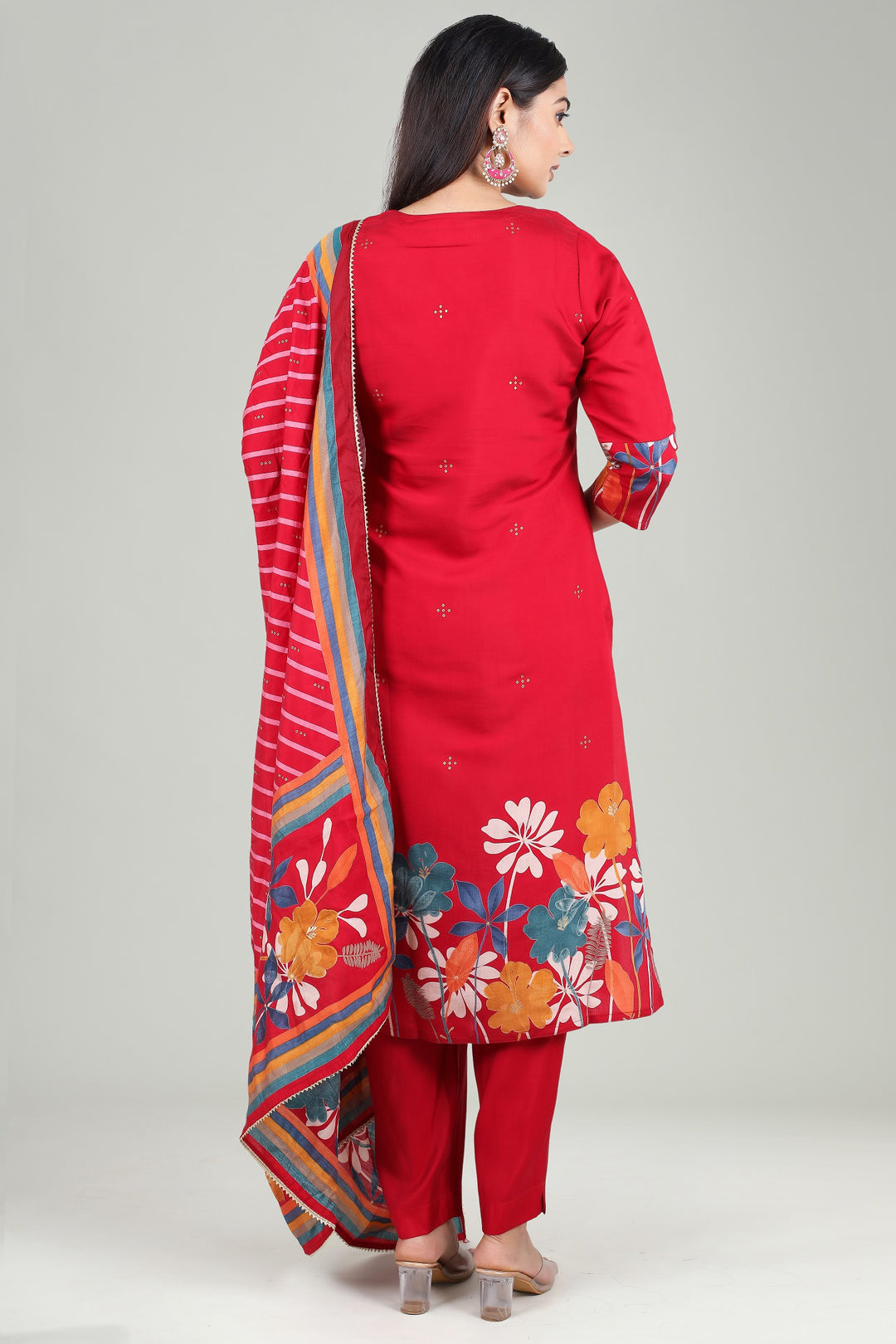 Maroon Chanderi Straight Embroidered Kurta Pant Suit Set