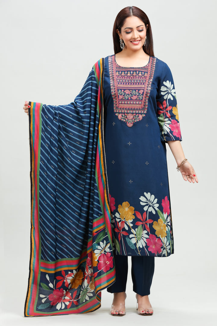 Navy Blue Chanderi Straight Printed Kurta Pant Suit Set