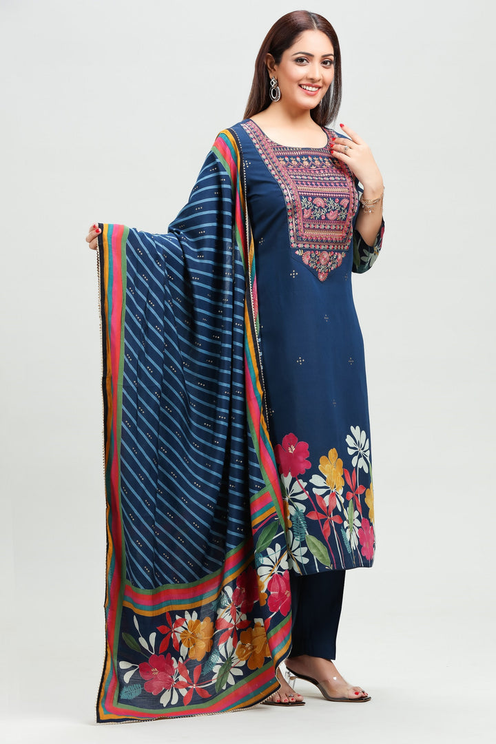 Navy Blue Chanderi Straight Printed Kurta Pant Suit Set