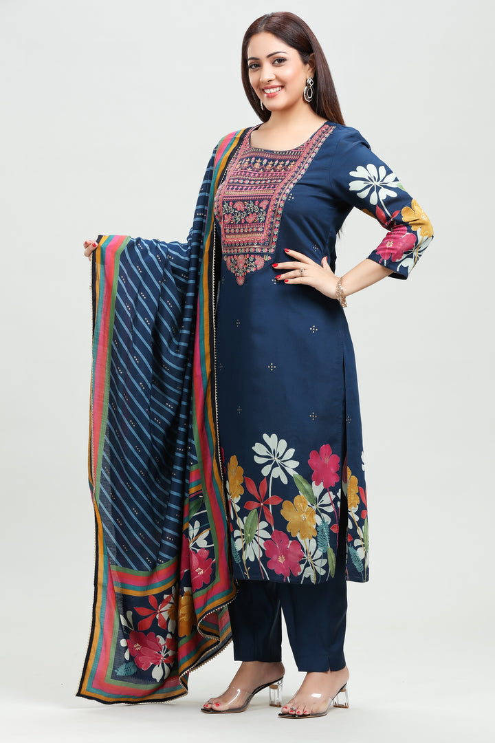 Navy Blue Chanderi Straight Printed Kurta Pant Suit Set