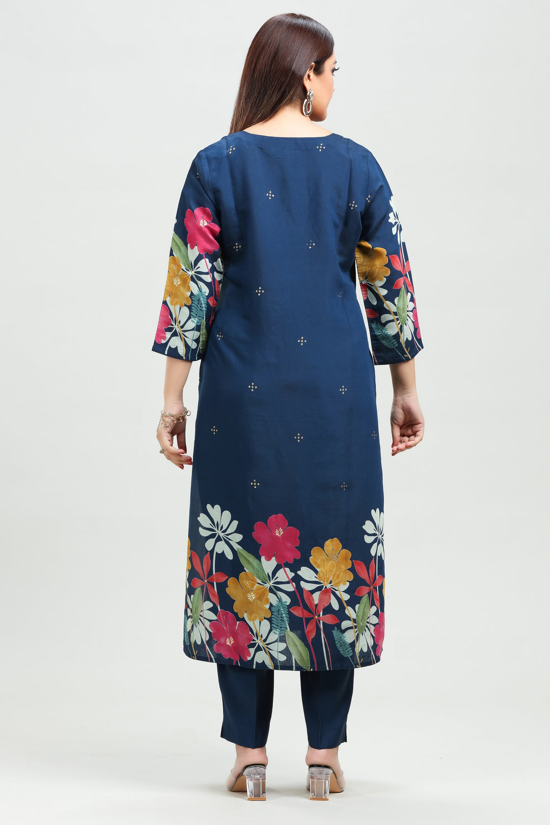 Navy Blue Chanderi Straight Printed Kurta Pant Suit Set